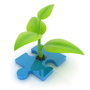 green plant growing from a missing jigsaw piece